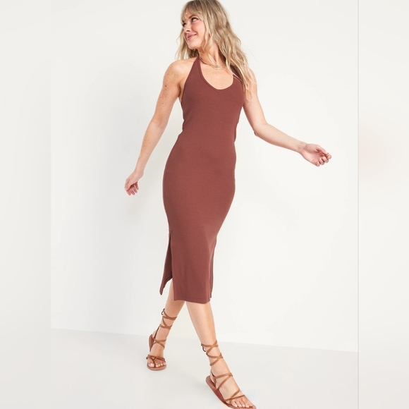 NWT Fitted Halter Rib-Knit Midi Dress in Root Beer - Picture 1 of 9